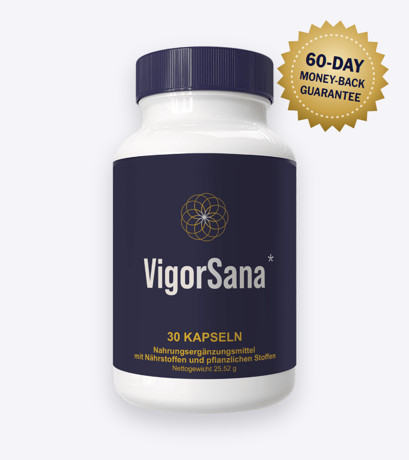 VigorSana men's vitality supplement bottle, 30 capsules, with 60-day money-back guarantee